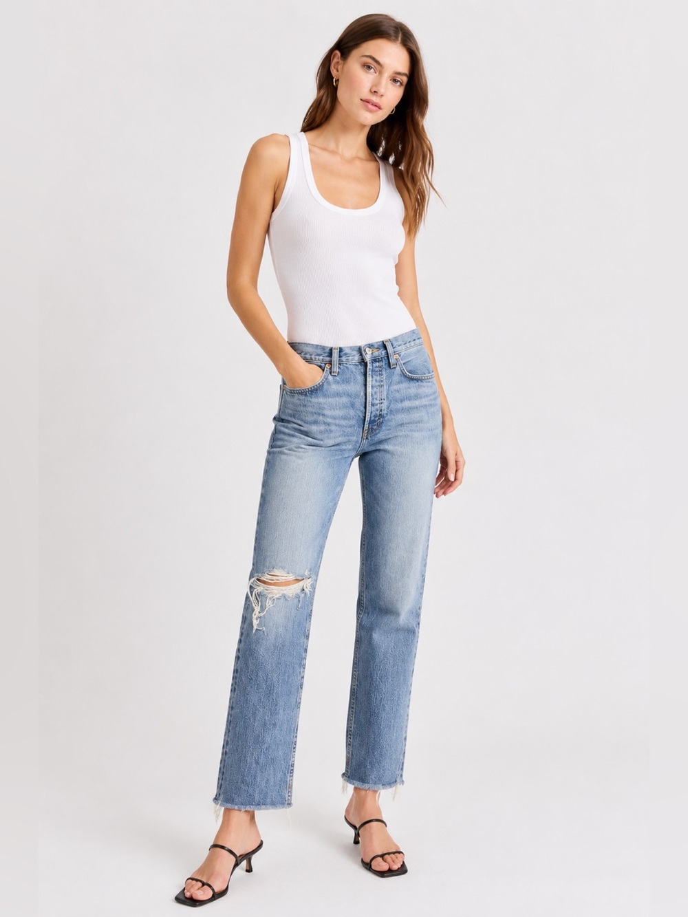 👖✨ RE/DONE Distressed Straight Leg Raw Hem Jeans Light Wash Size 24 ✨👖
